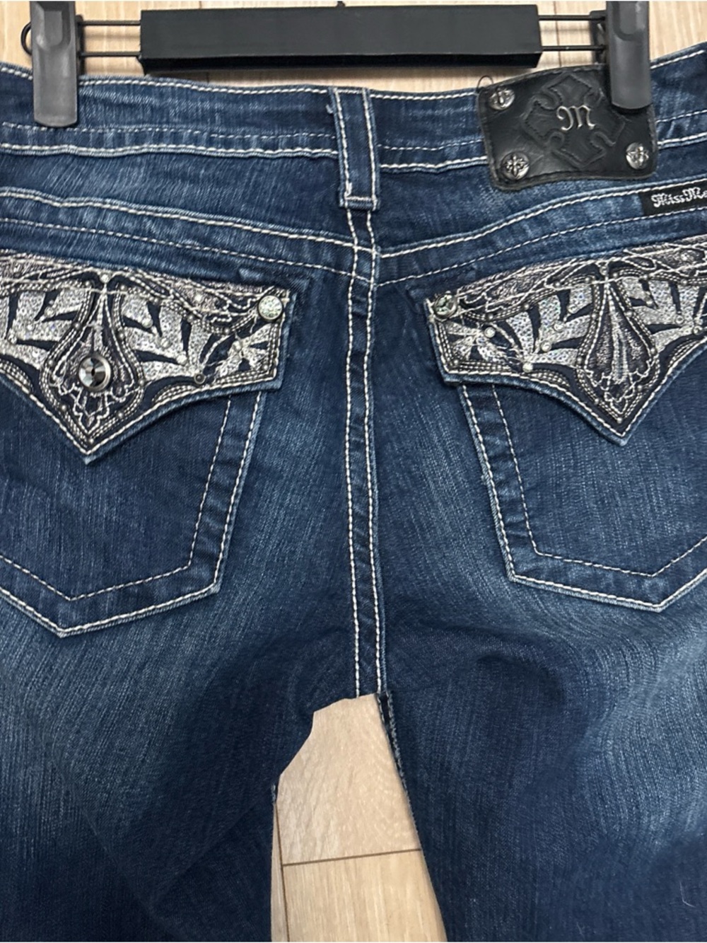 Miss Me Dark Blue Denim Boot Cut Jeans with Embroidered Flap Pockets